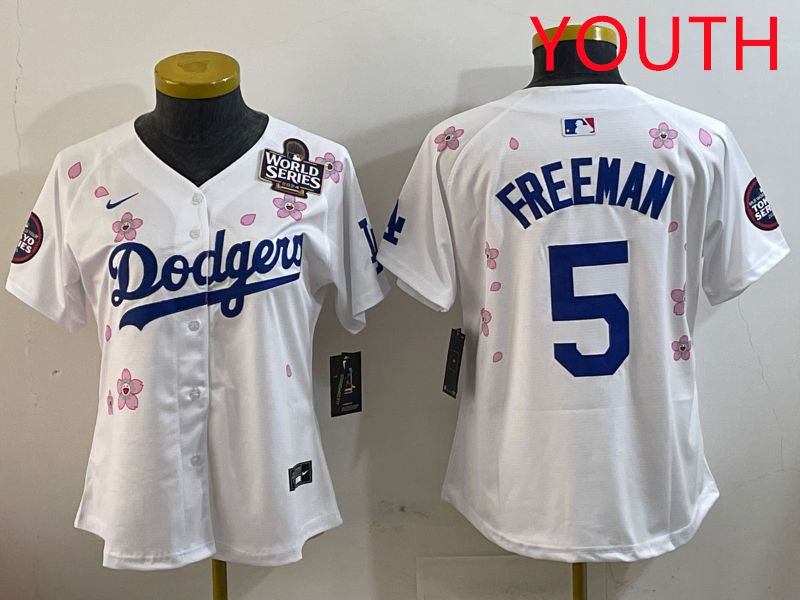 Youth Los Angeles Dodgers #5 Freeman White Sakura Edition 2025 Nike MLB Jersey style 3